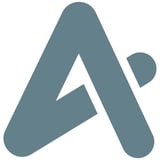 Angular blue-gray letter A logo with rounded edges and small circular accent