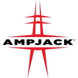 Ampjack logo featuring red cross symbol above black text with stylized antenna design