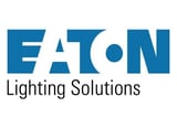 Eaton Lighting Solutions logo with blue geometric lettering and black text subtitle