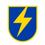 Blue shield emblem with yellow lightning bolt and border on white background