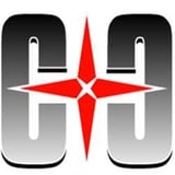 Abstract logo featuring a red four-pointed star symbol centered between two black rounded rectangular shapes with white accents