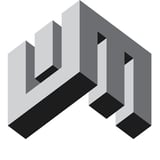 3D isometric geometric logo featuring interconnected gray and black angular shapes forming an abstract arrow or chevron pattern