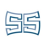Blue geometric logo with interlocking S shapes forming a symmetrical, abstract bow tie or hourglass design